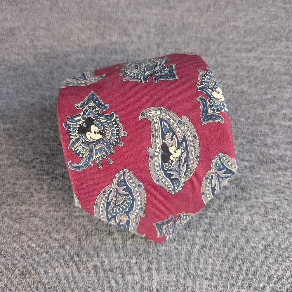 Vintage Disney Silk Tie, Red/Blue Paisley Pattern with Mickey Mouse - Picture 1 of 4